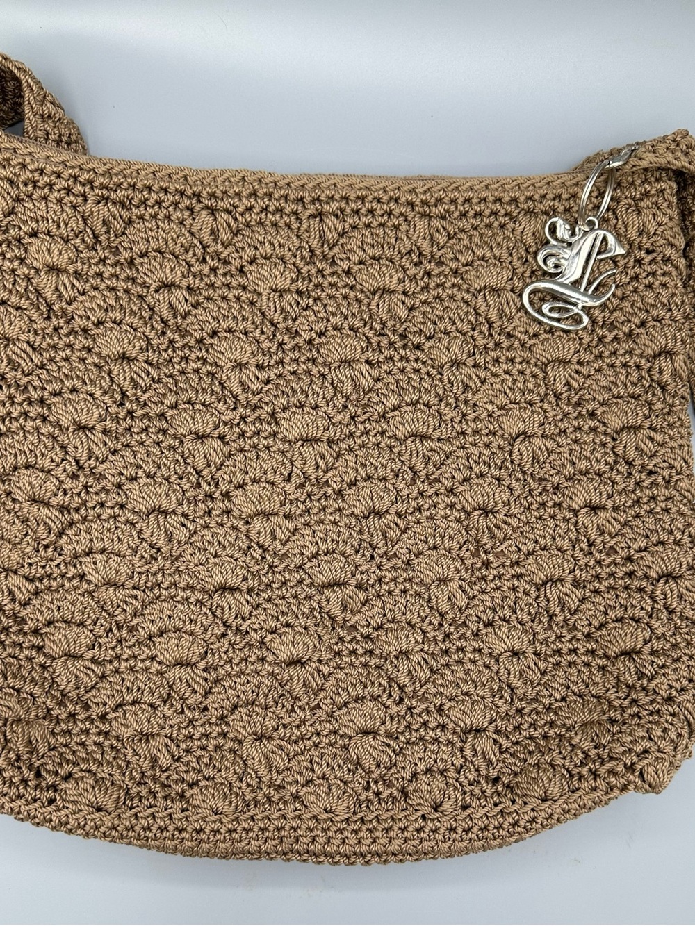 Luxy Crochet Knit Shoulder Bag Beige Boho Textured Hobo Bag Silver Initial Charm